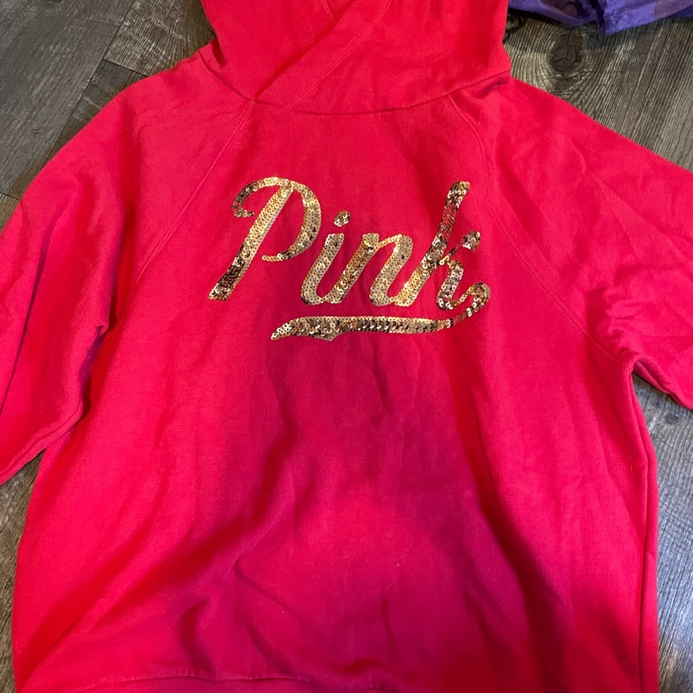 PINK Crewneck, Women’s Small, Gold Lettering, Slits on the bottom, Cross Hood